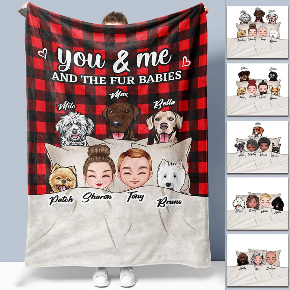 Personalized blanket with pet faces and names on a red and black checkered background