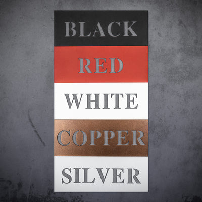 color swatch with colors black, red, white, copper, and silver