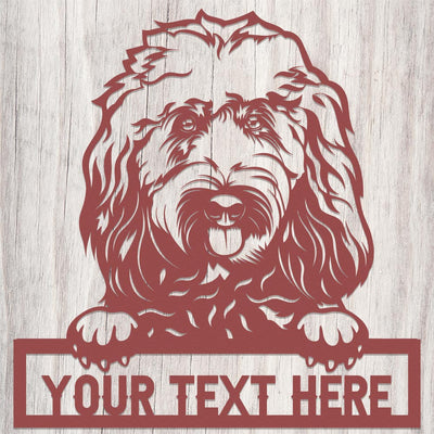 dog themed red metal sign with text "your text here"