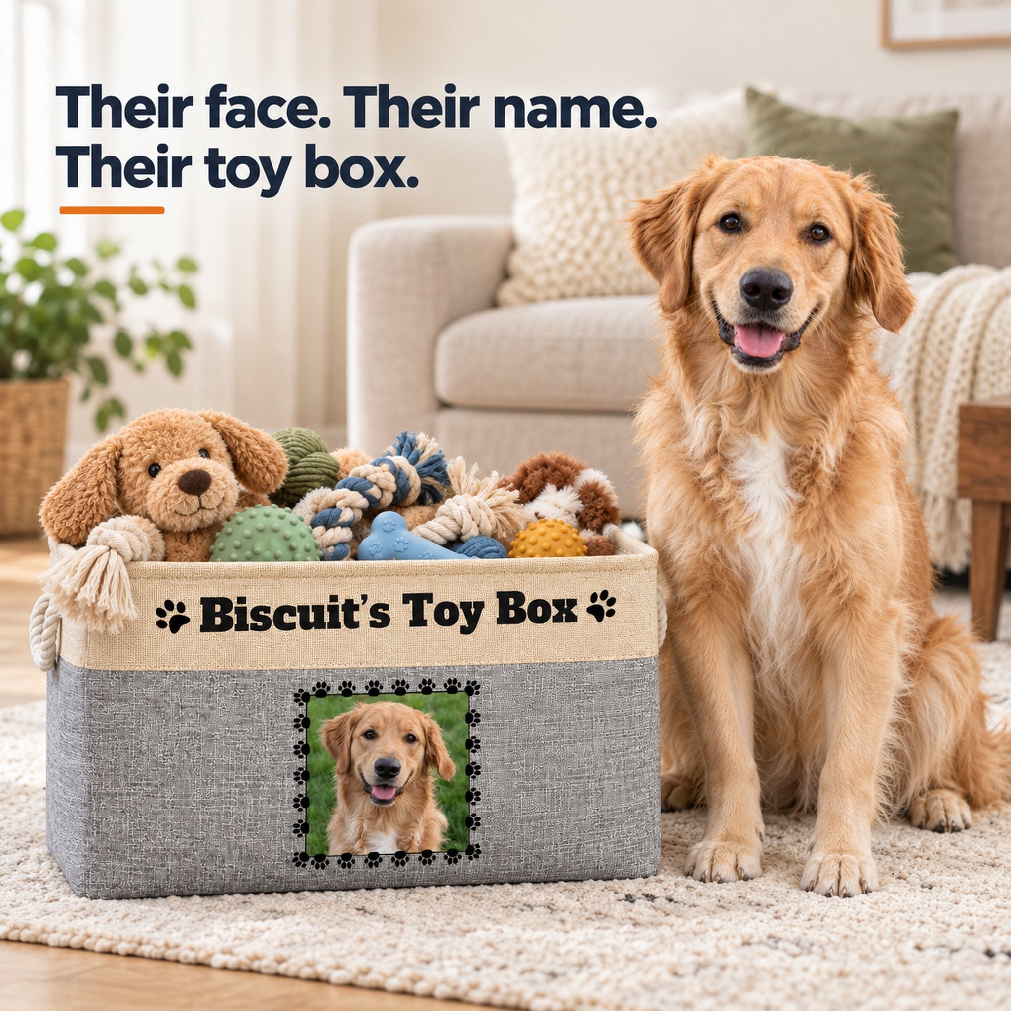 Golden retriever sitting beside a grey personalized dog toy box printed with his photo and the name Biscuit, filled with toys