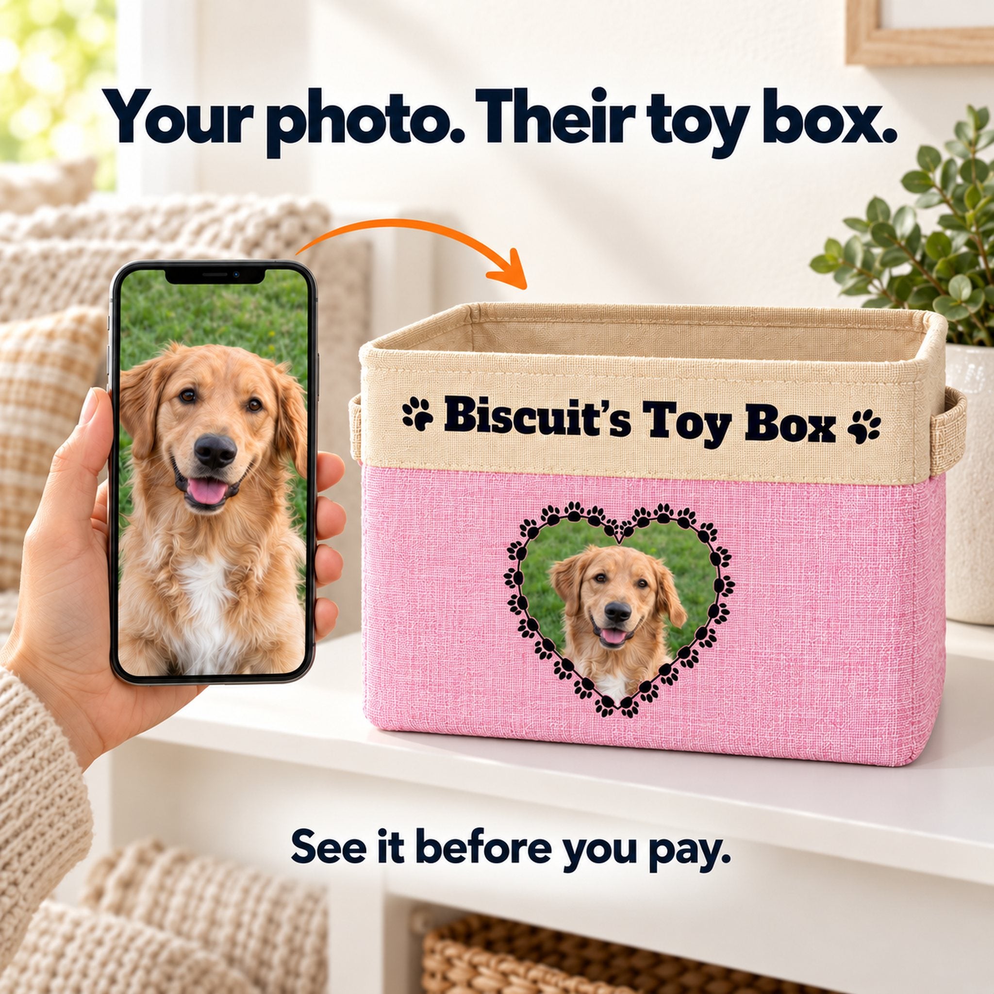 A dog photo on a phone turned into a pink personalized toy box with a heart photo frame and the dog&