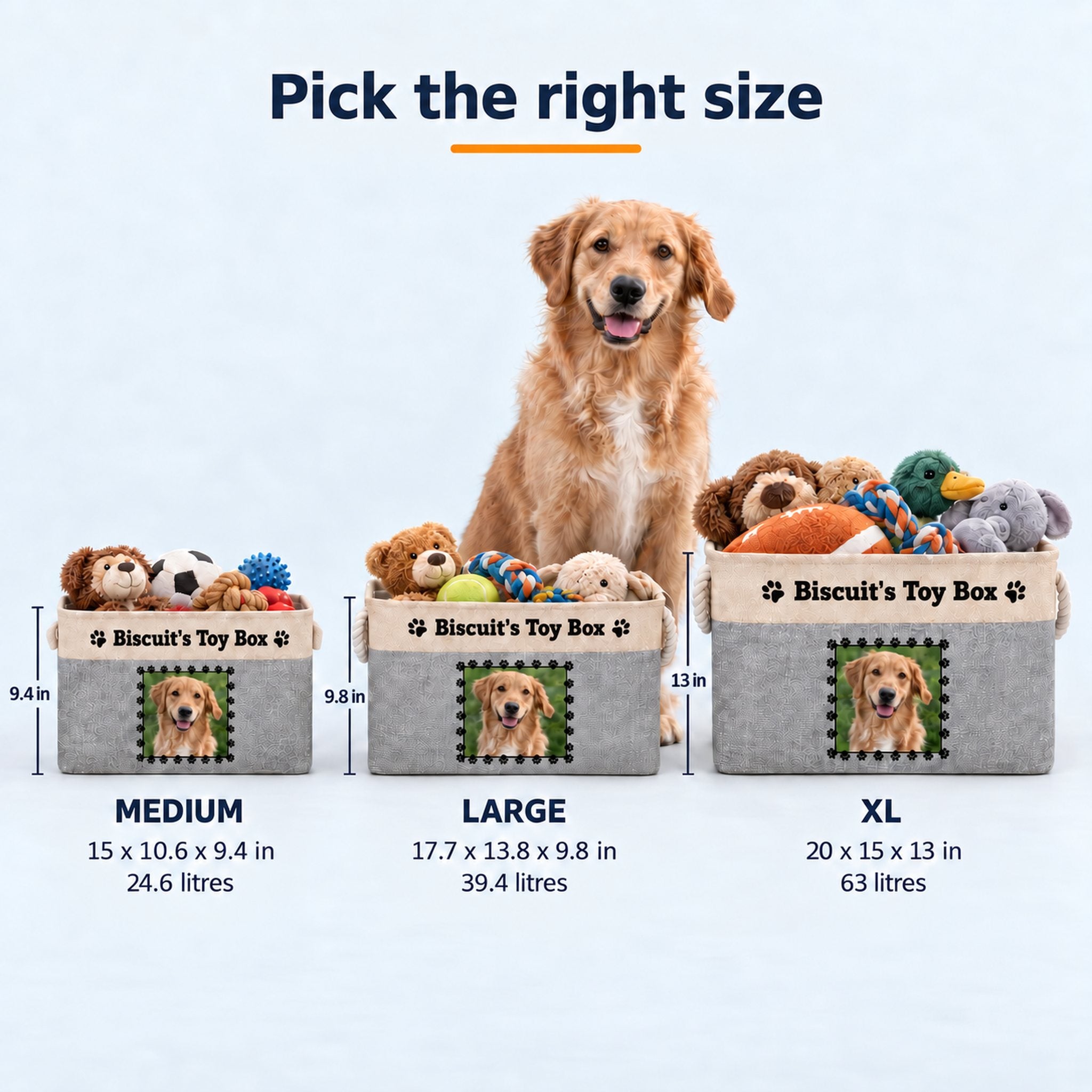 Dog toy box size guide: Medium 15 x 10.6 x 9.4 in (24.6 L), Large 17.7 x 13.8 x 9.8 in (39.4 L), XL 20 x 15 x 13 in (63 L)