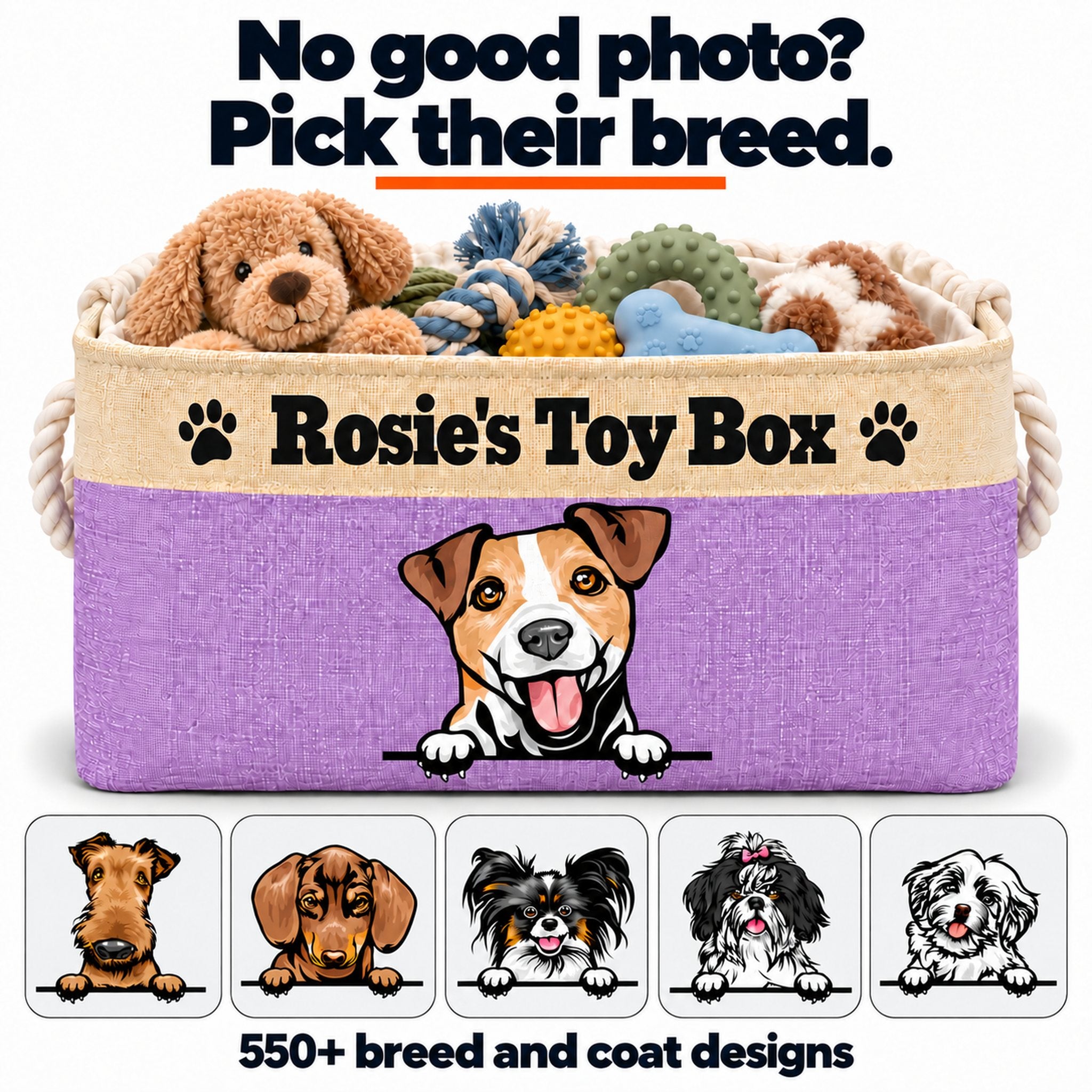 Purple dog toy box with a Jack Russell breed illustration and the name Rosie, plus examples of other breed designs