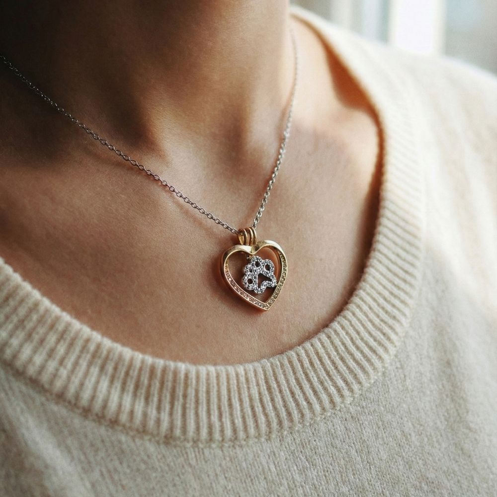 Forever In My Heart Paw Print Necklace – 925 Sterling Silver & 14K Gold