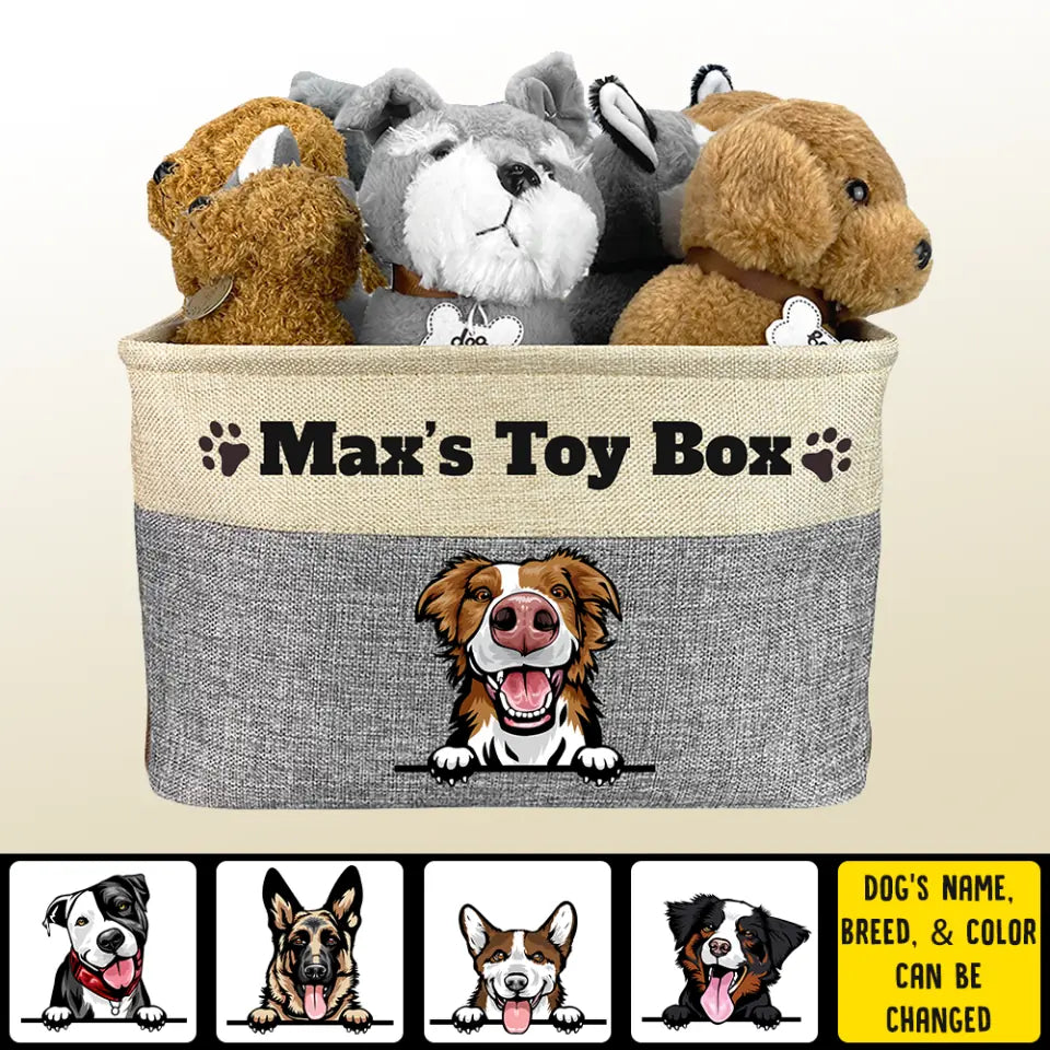 Personalized dog toy box with a breed illustration and the name Max, shown with breed design options
