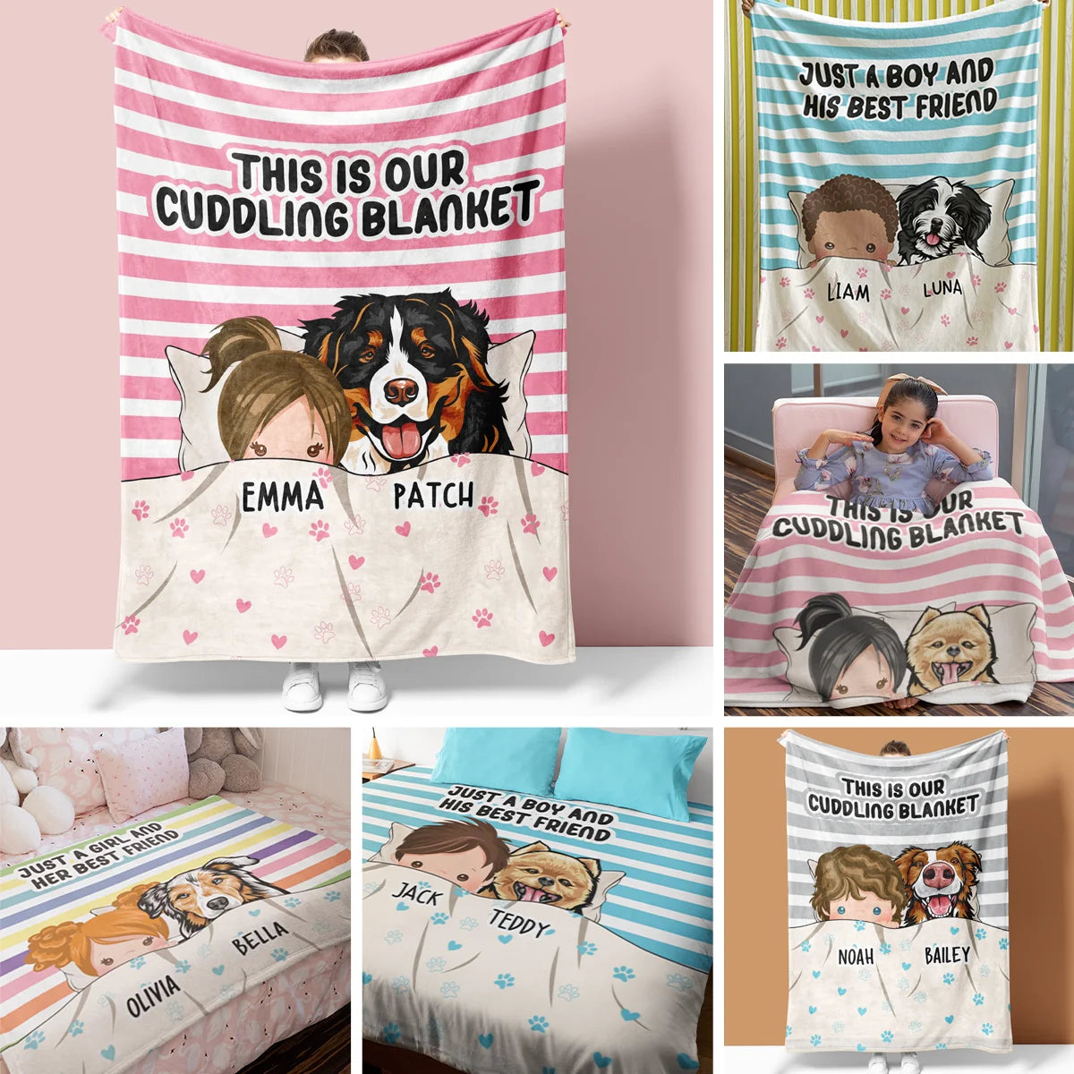 Personalized Kid & Dog Blanket - Custom Name Cuddling Blanket