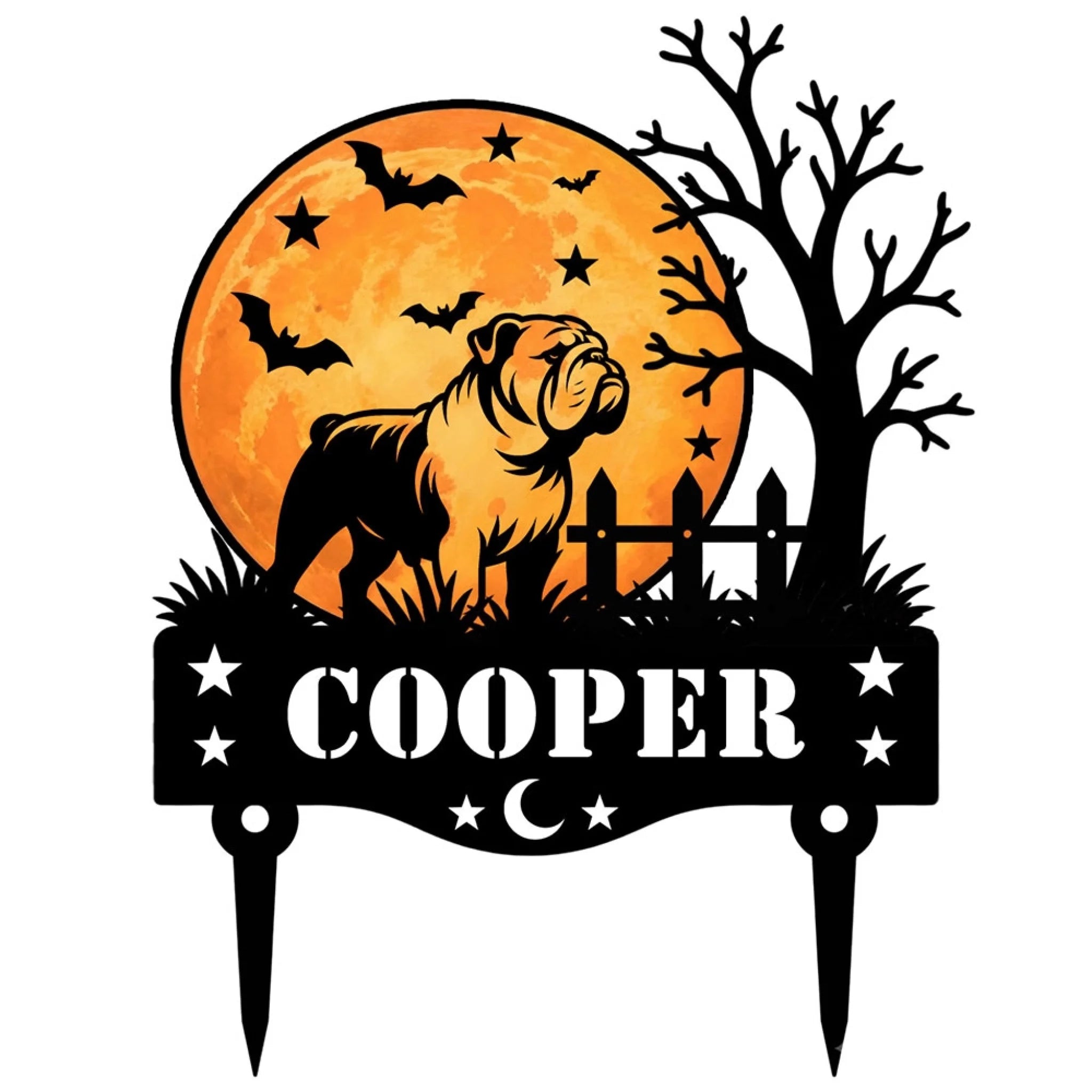 Personalized Halloween dog garden stake with English Bulldog breed and custom name Cooper