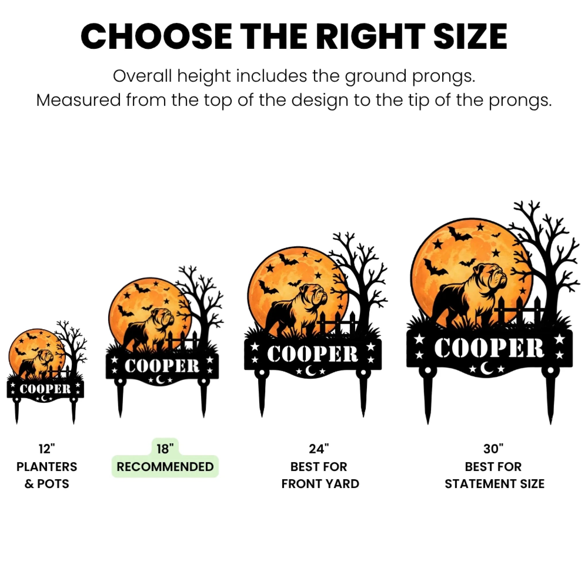 Halloween dog garden stake size guide comparing 12, 18, 24 and 30 inch overall heights