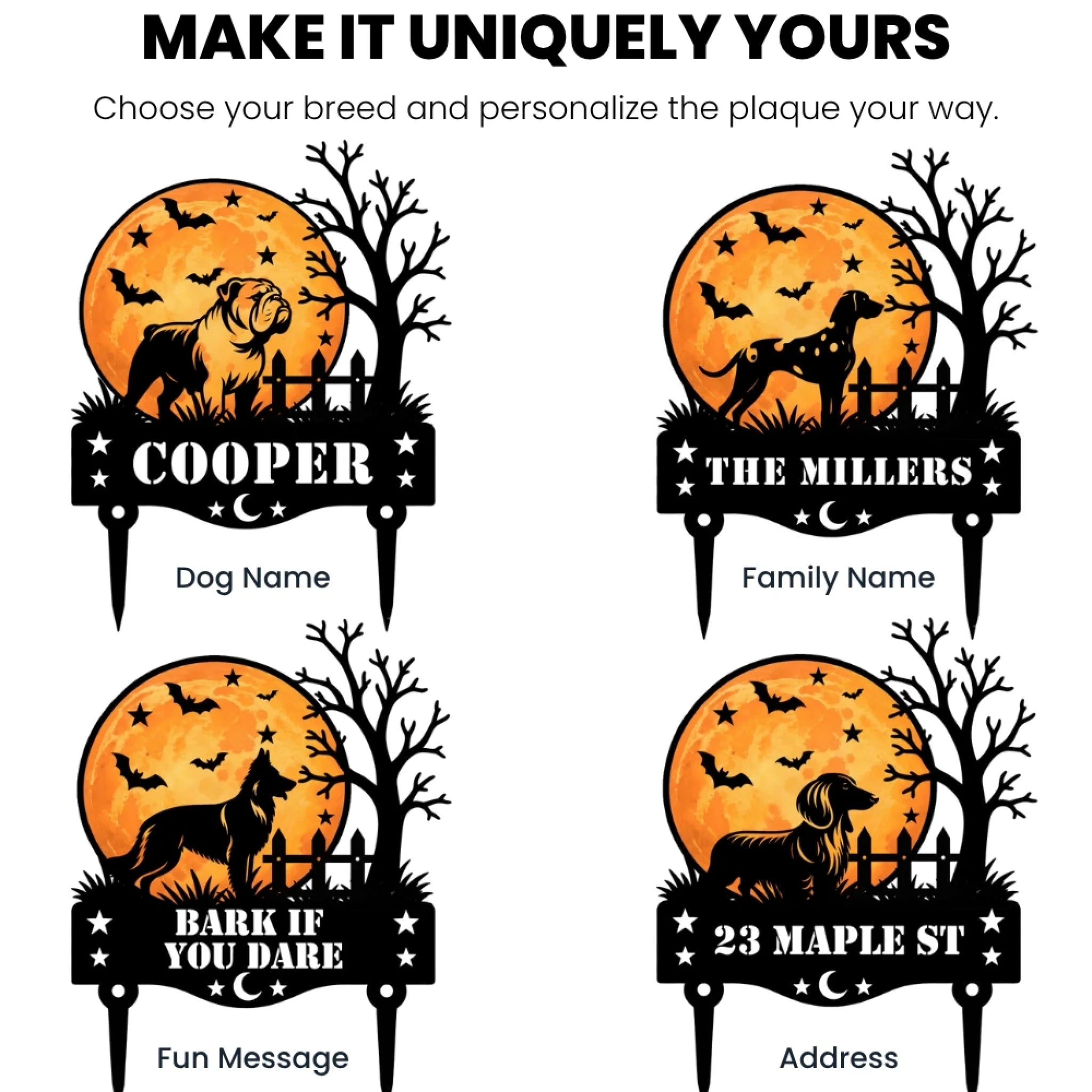 Custom Halloween dog garden stakes showing dog name, family name, address and message personalization