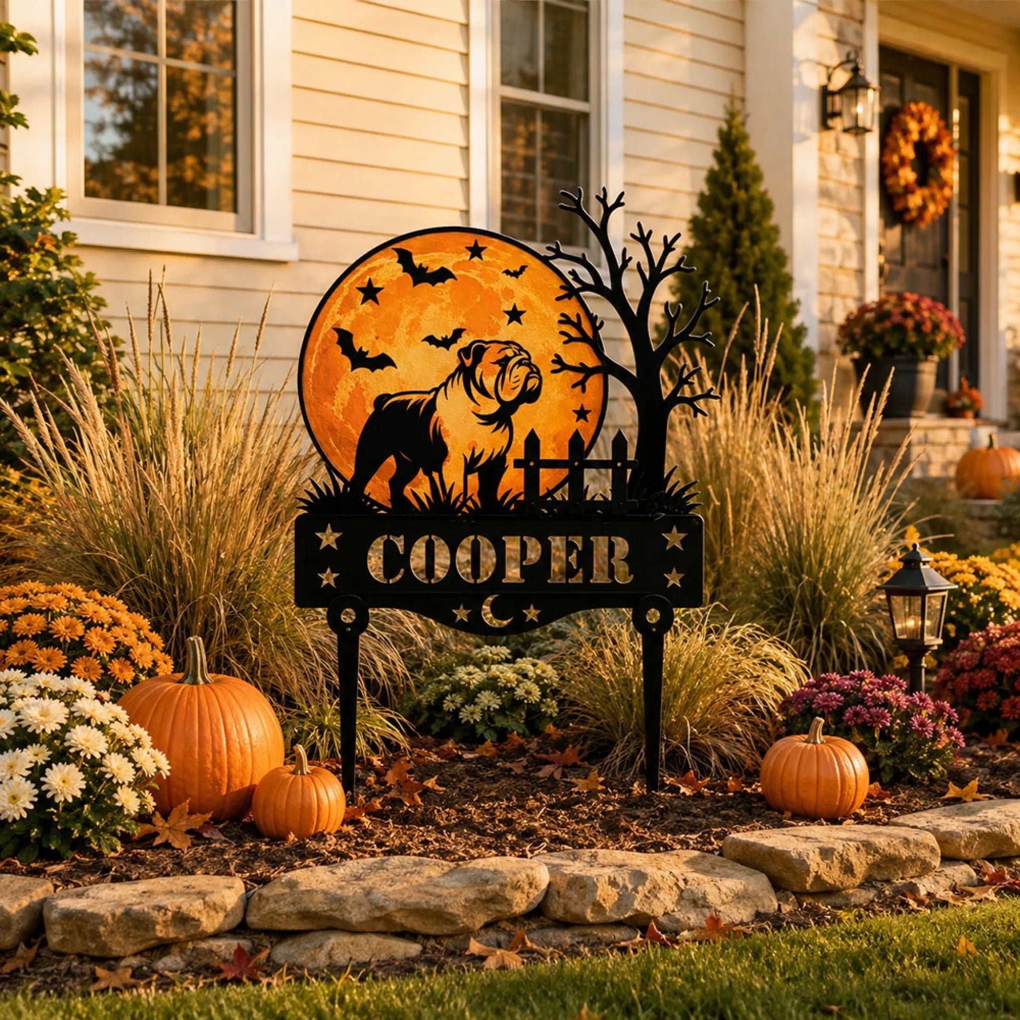 Personalized Halloween dog garden stake displayed in a fall front yard with pumpkins