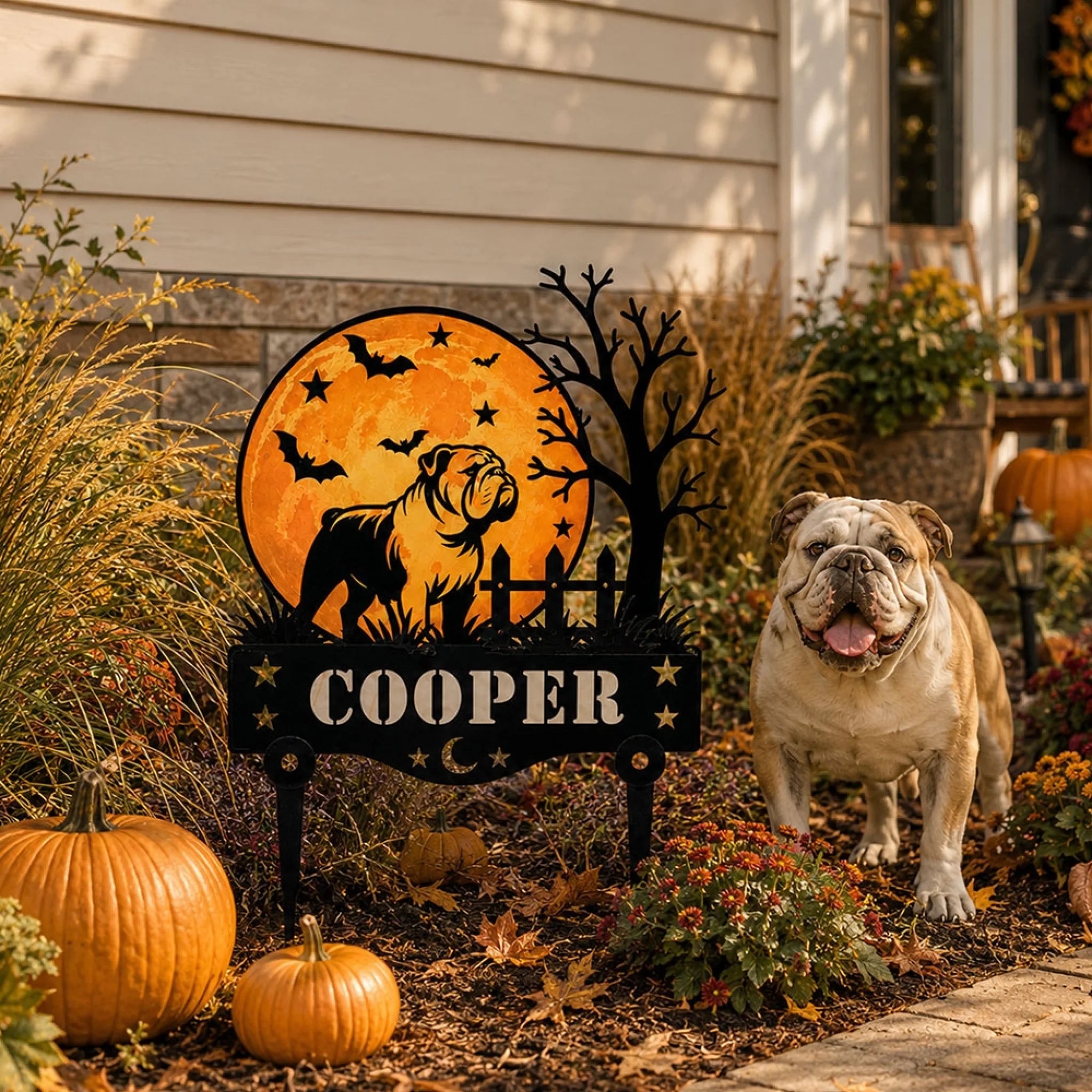 English Bulldog beside a personalized Halloween dog garden stake with Cooper name plaque