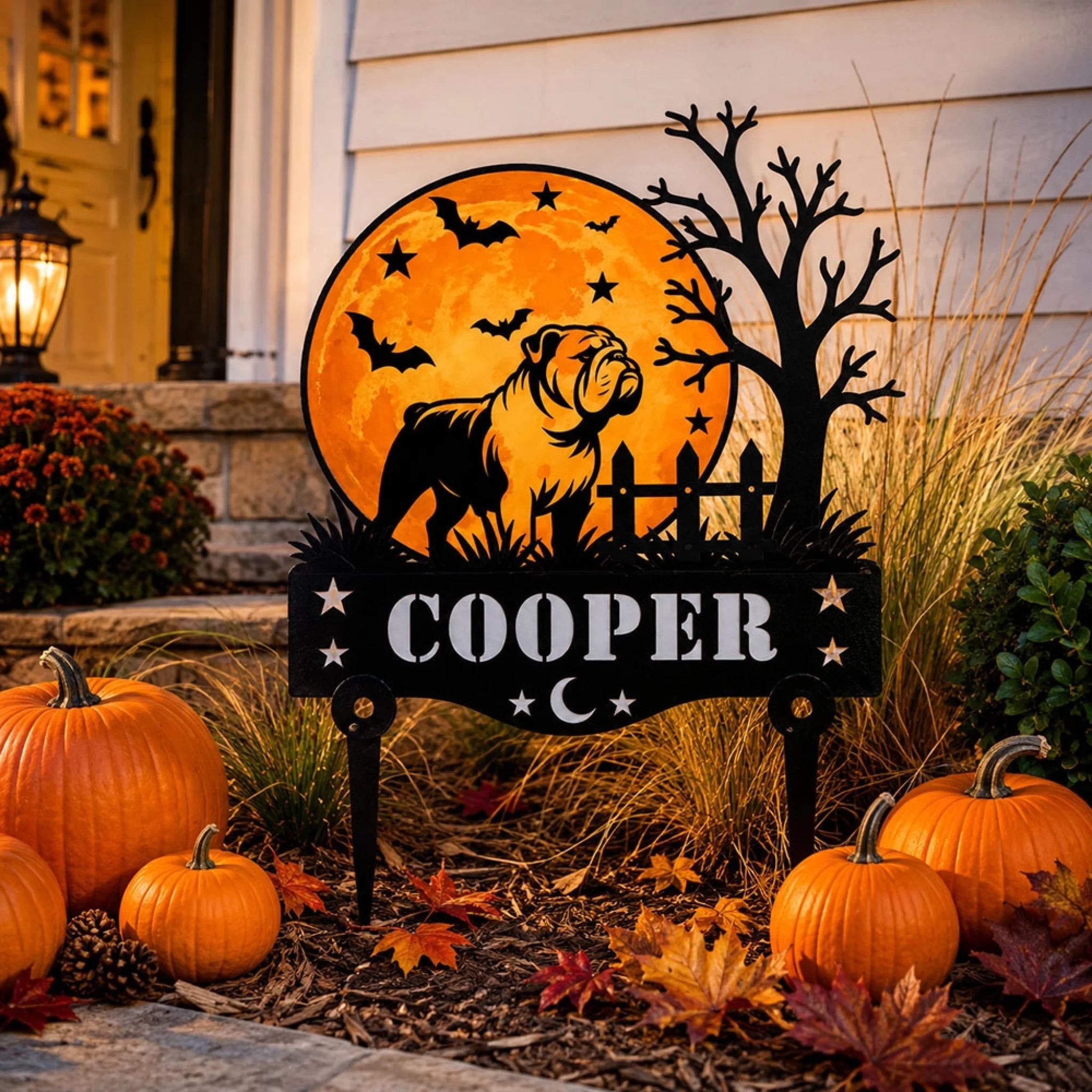 Personalized English Bulldog Halloween yard decor with Cooper name plaque and orange moon design