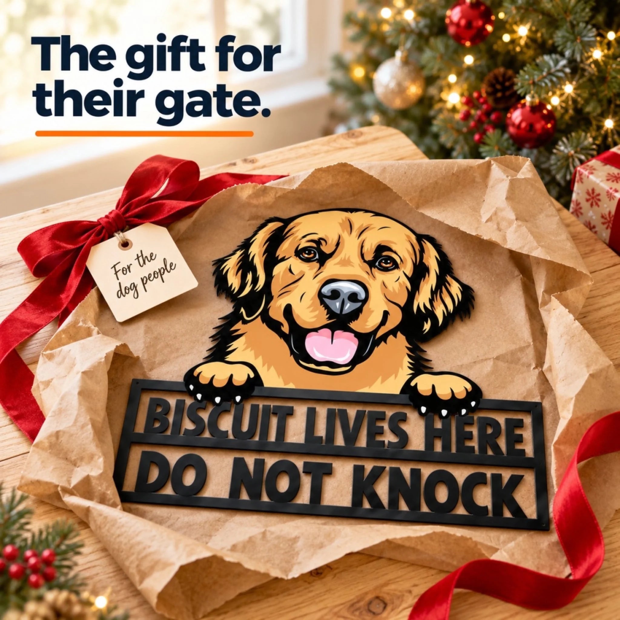 Personalized peeking dog metal sign with a Golden Retriever, wrapped in kraft paper with a red ribbon as a Christmas gift
