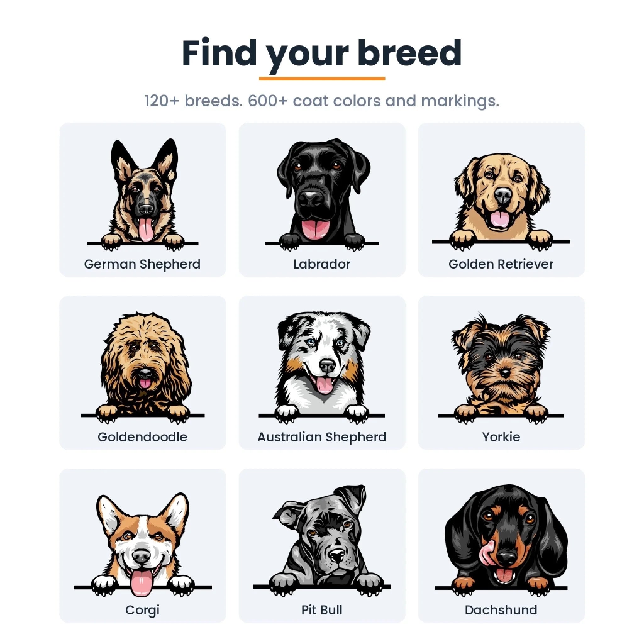 Peeking dog sign breed designs including German Shepherd, Labrador, Golden Retriever, Goldendoodle, Australian Shepherd, Yorkie, Corgi, Pit Bull and Dachshund