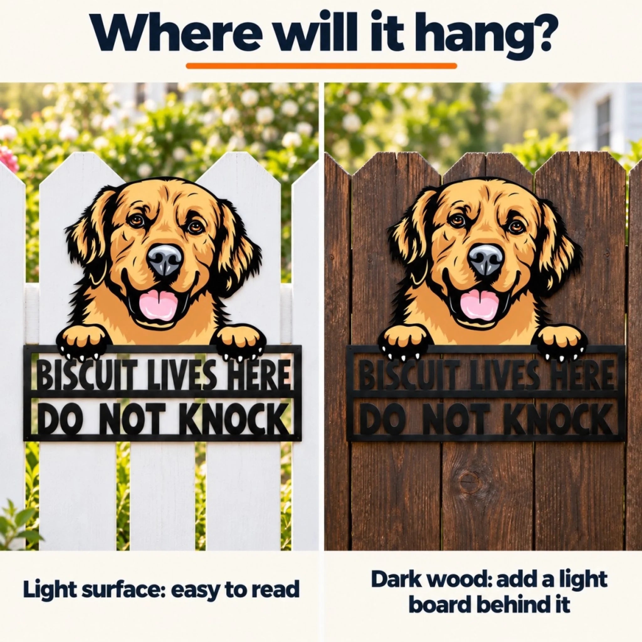 Peeking dog sign on a white picket fence next to the same sign on dark wood, showing the black letters read best on a light surface