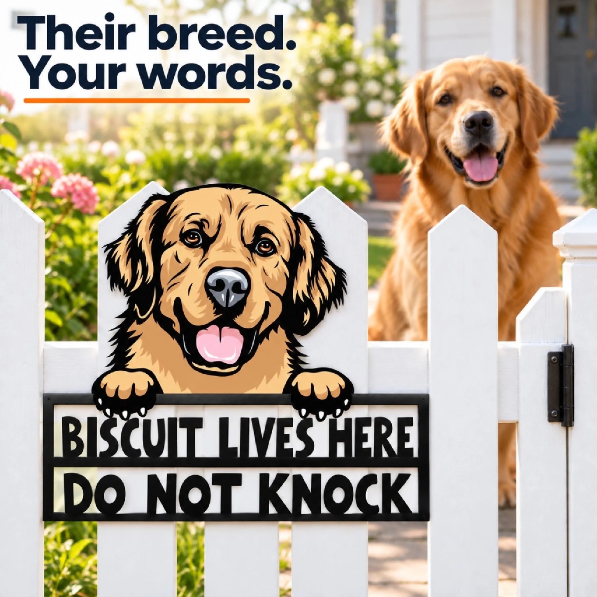 Custom peeking dog metal sign with a Golden Retriever and the words Biscuit Lives Here, Do Not Knock, on a white picket gate