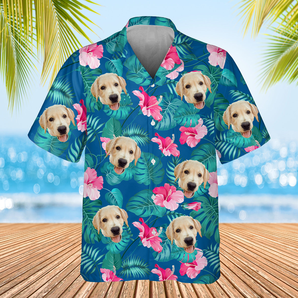 dark blue palm leaf themed shirt with dogs