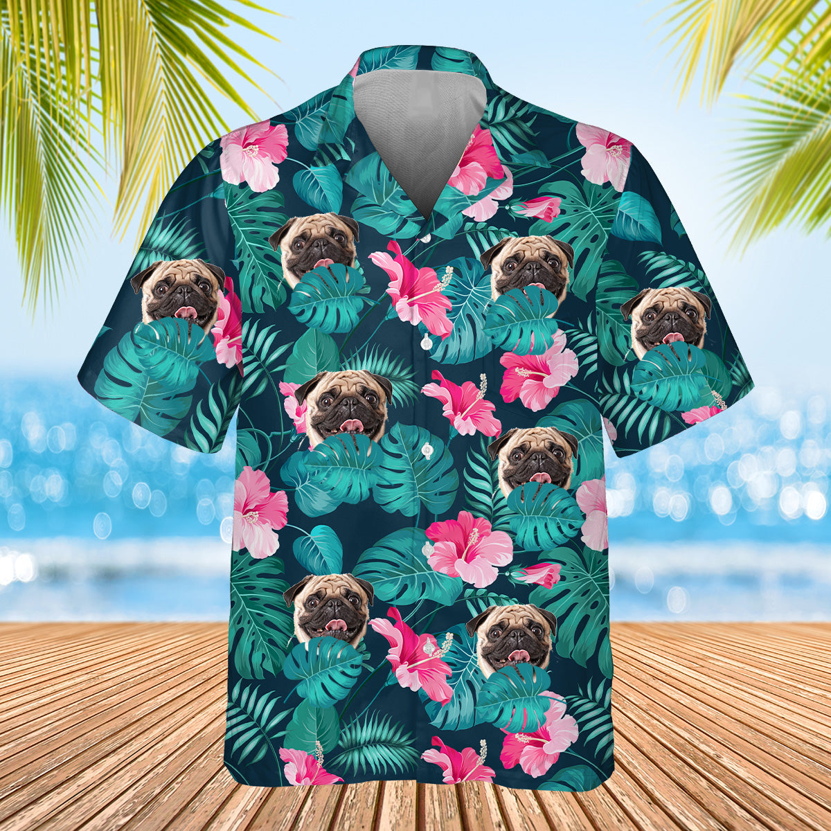 navy palm leaf themed shirt with dogs