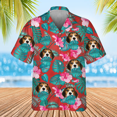red palm leaf themed shirt with dogs