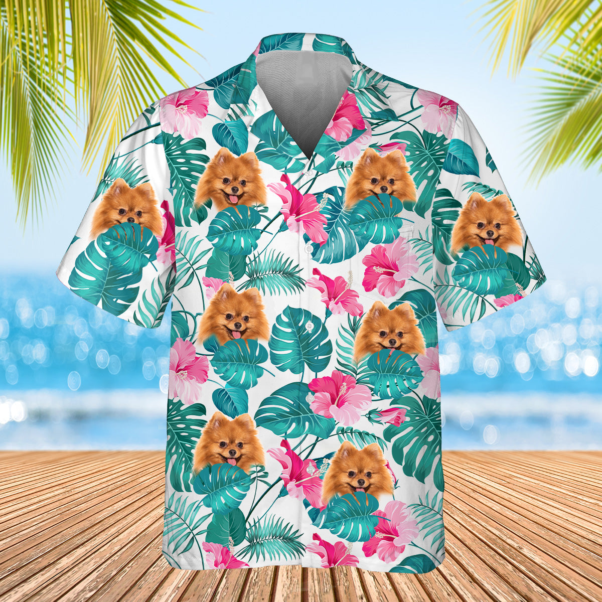 white palm leaf themed shirt with dogs