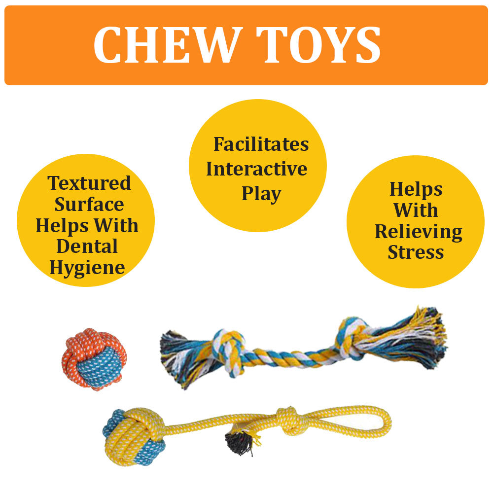 Rope dog toys with listed benefits: "textured surface helps with dental hygiene", "facilitates interactive play", "helps with relieving stress"