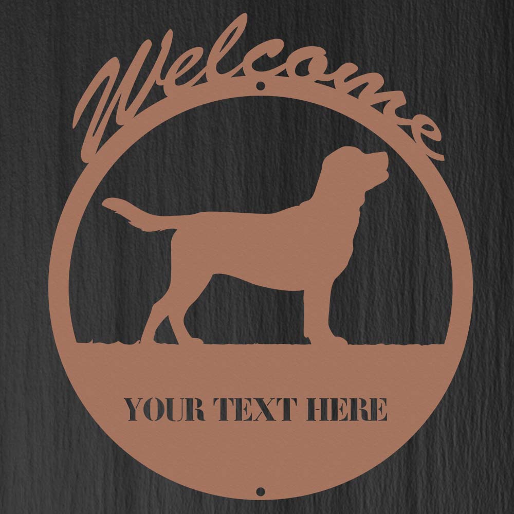 copper colored circular dog themed metal sign with text "welcome, your text here"