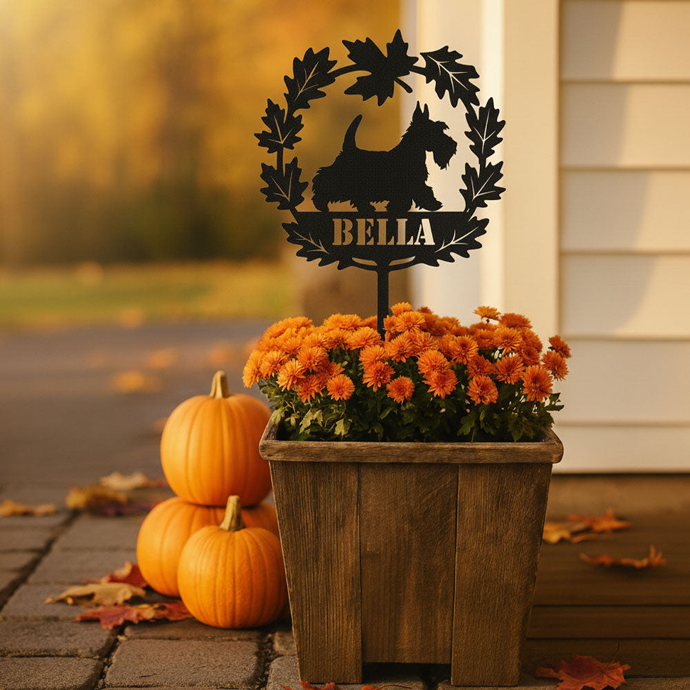 Custom Fall Leaf Dog Garden Stake – Personalized Yard Décor with Dog Breed & Name