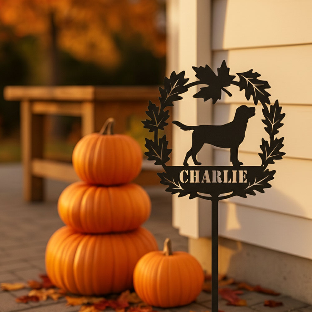 Custom Fall Leaf Dog Garden Stake – Personalized Yard Décor with Dog Breed & Name