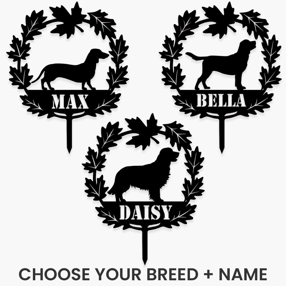 Custom Fall Leaf Dog Garden Stake – Personalized Yard Décor with Dog Breed & Name
