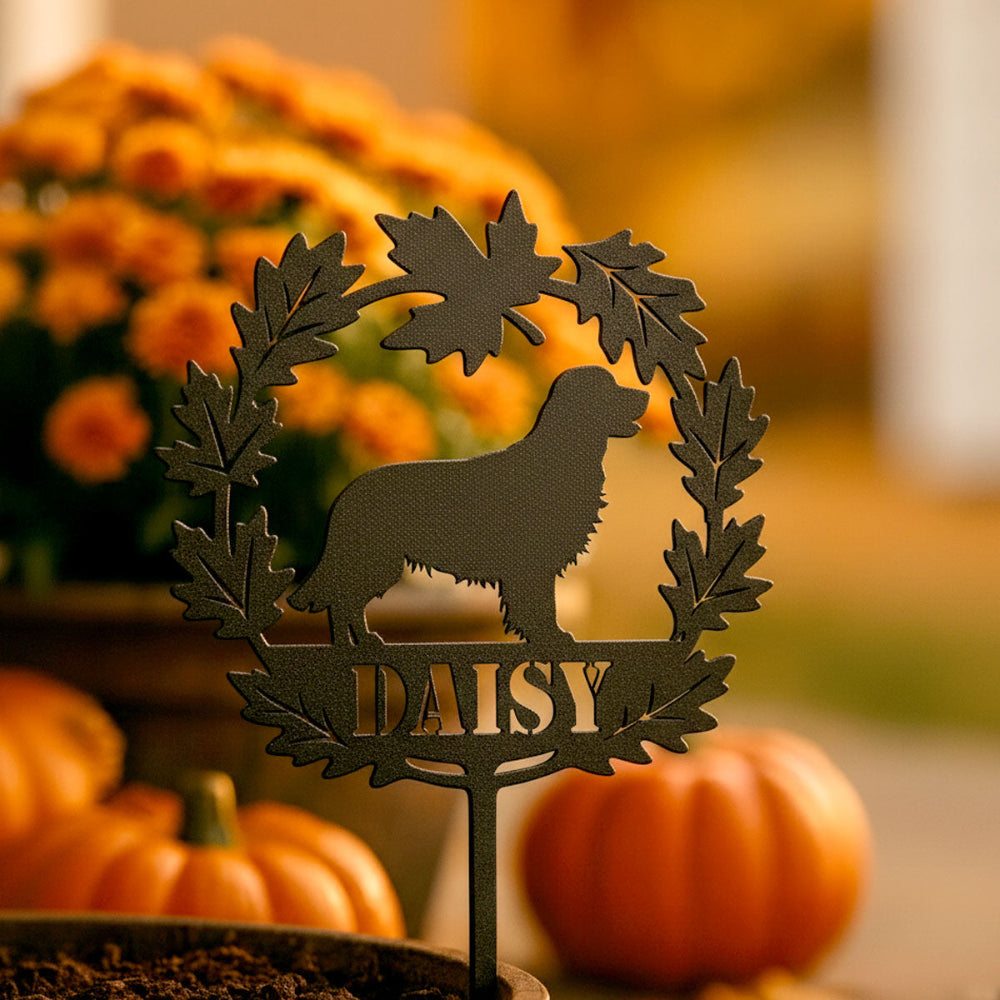 Custom Fall Leaf Dog Garden Stake – Personalized Yard Décor with Dog Breed & Name