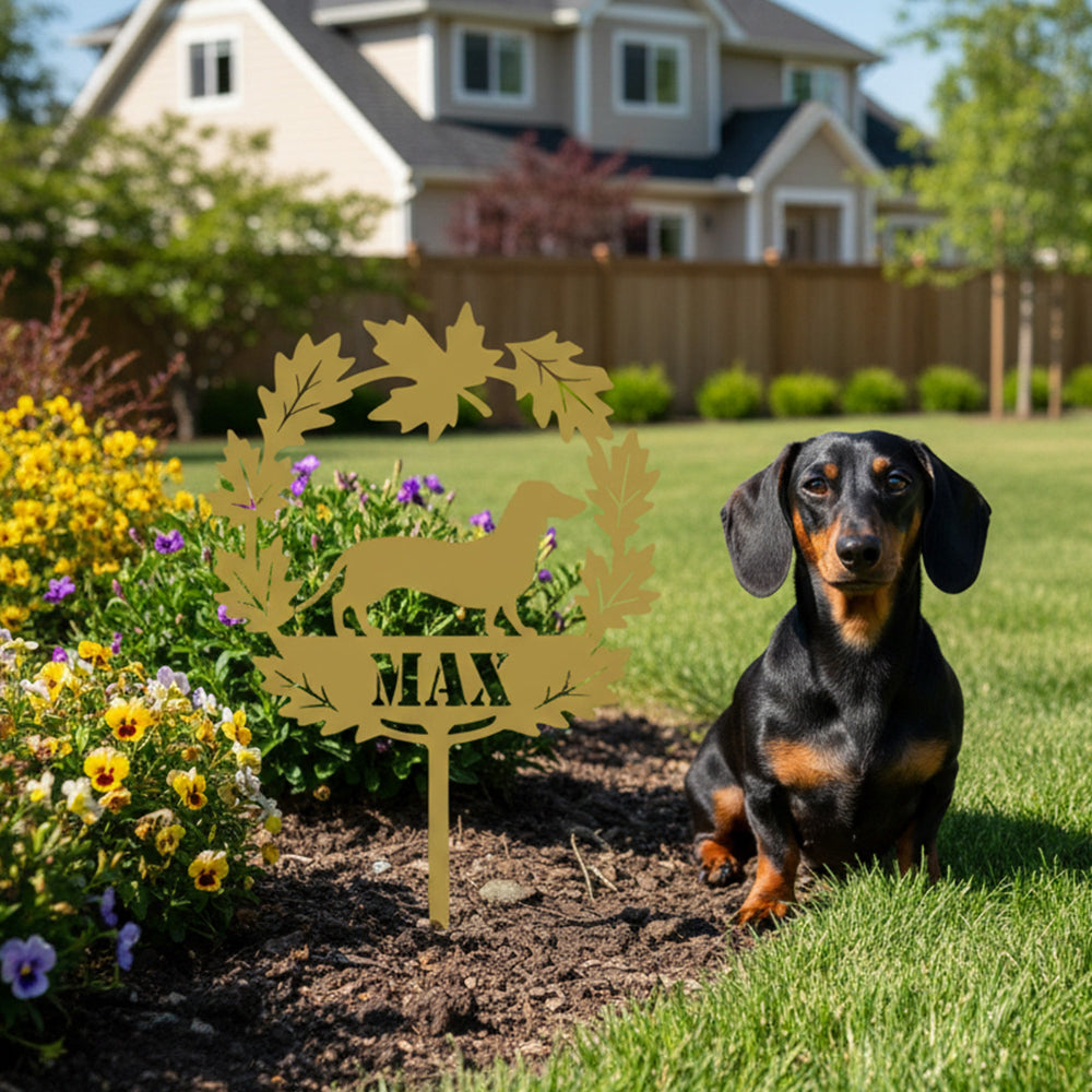 Custom Fall Leaf Dog Garden Stake – Personalized Yard Décor with Dog Breed & Name