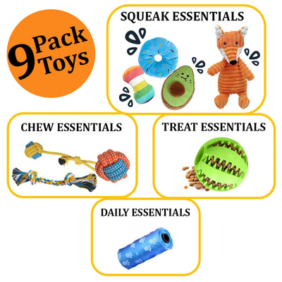 four categories of dog toys included in nine pack toy set, labled as "squeak essentials", "chew essentials", "treat essentials", "daily essentials"