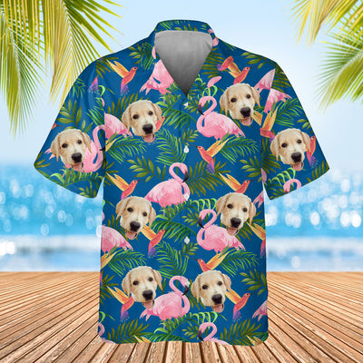 dark blue flamingo themed shirt with dogs