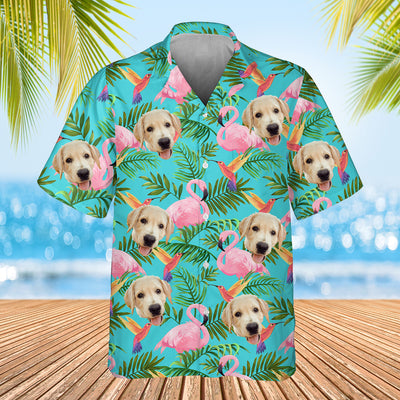 light blue flamingo themed shirt with dogs