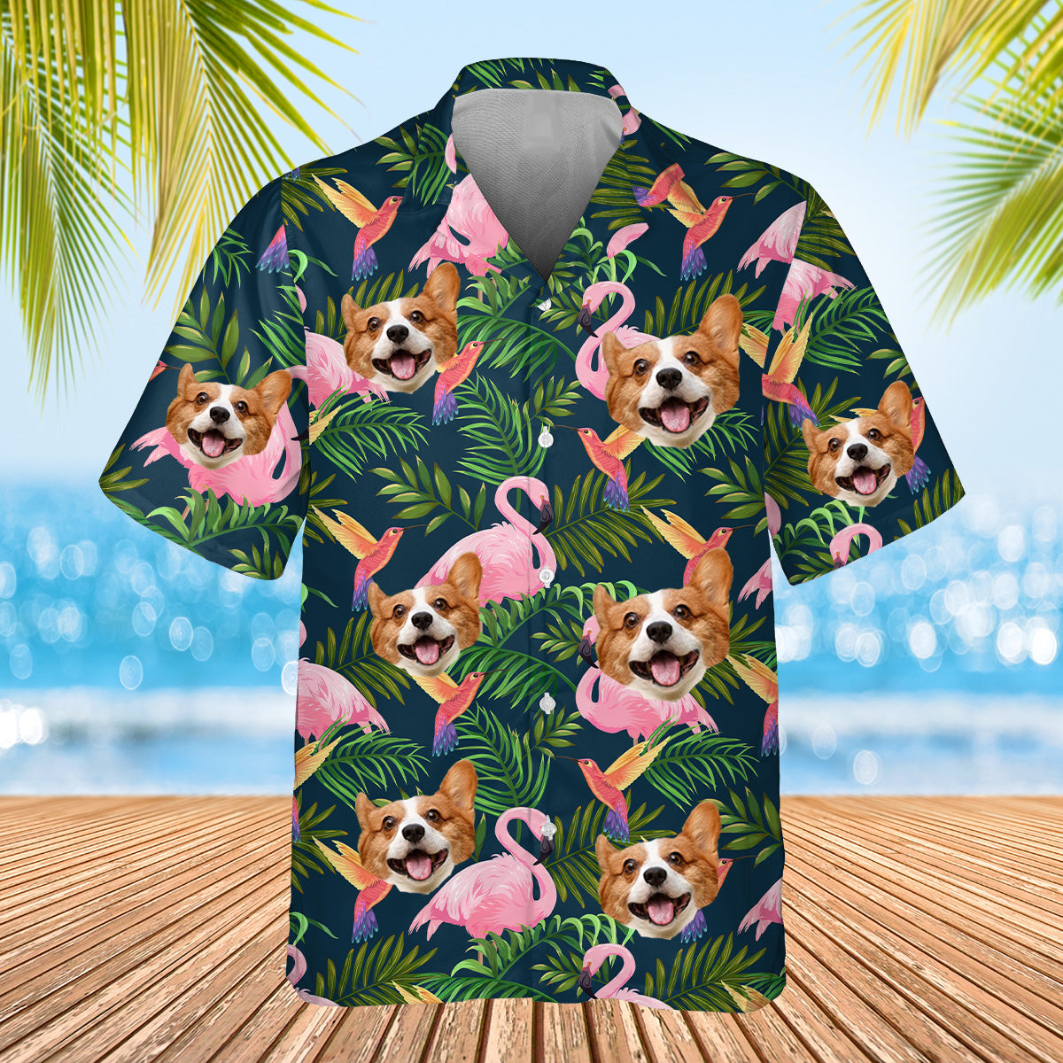 navy flamingo themed shirt with dogs