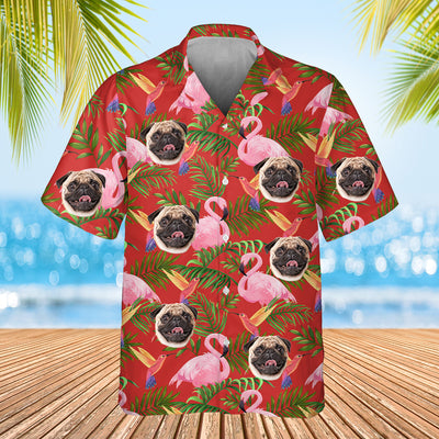 red flamingo themed shirt with dogs