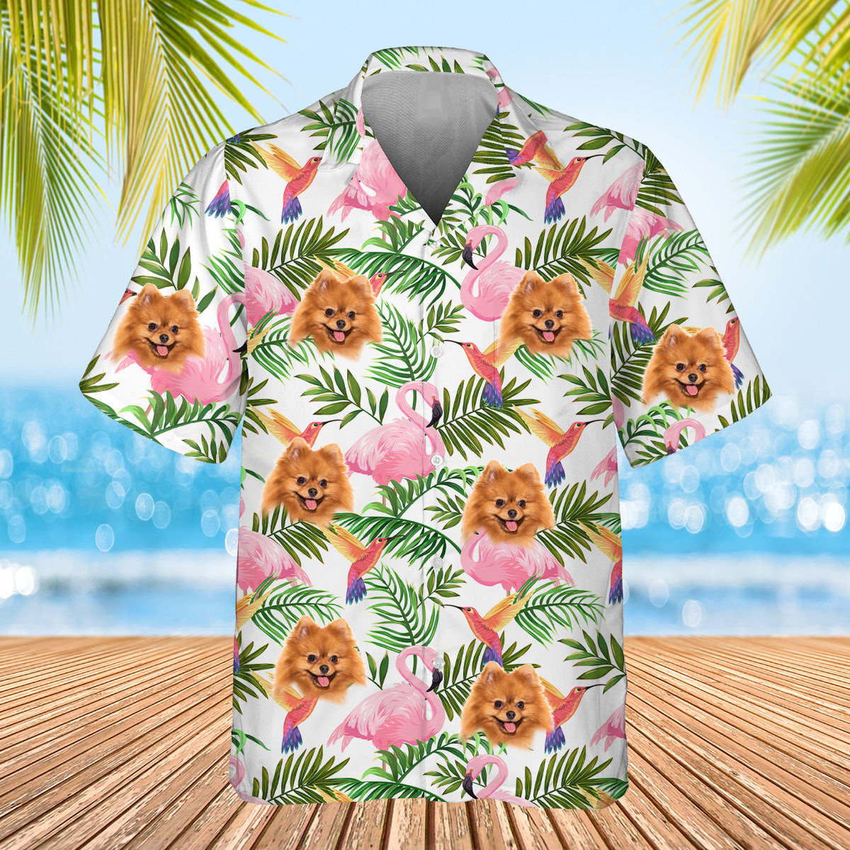 white flamingo themed shirt with dogs