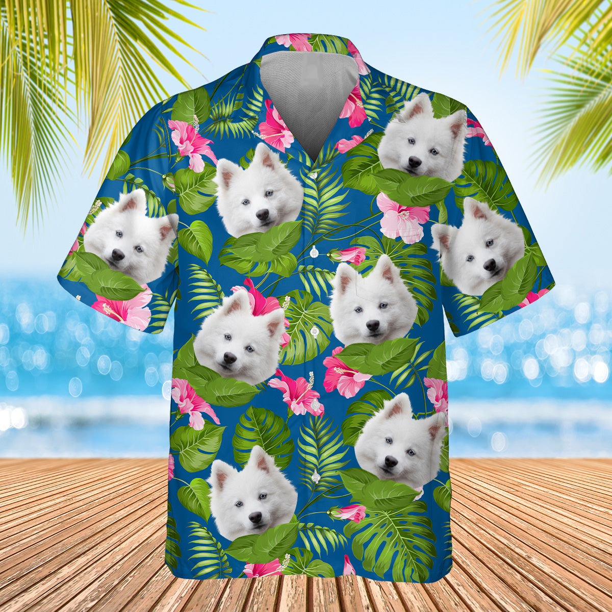 dark blue palm leaf themed shirt with dogs
