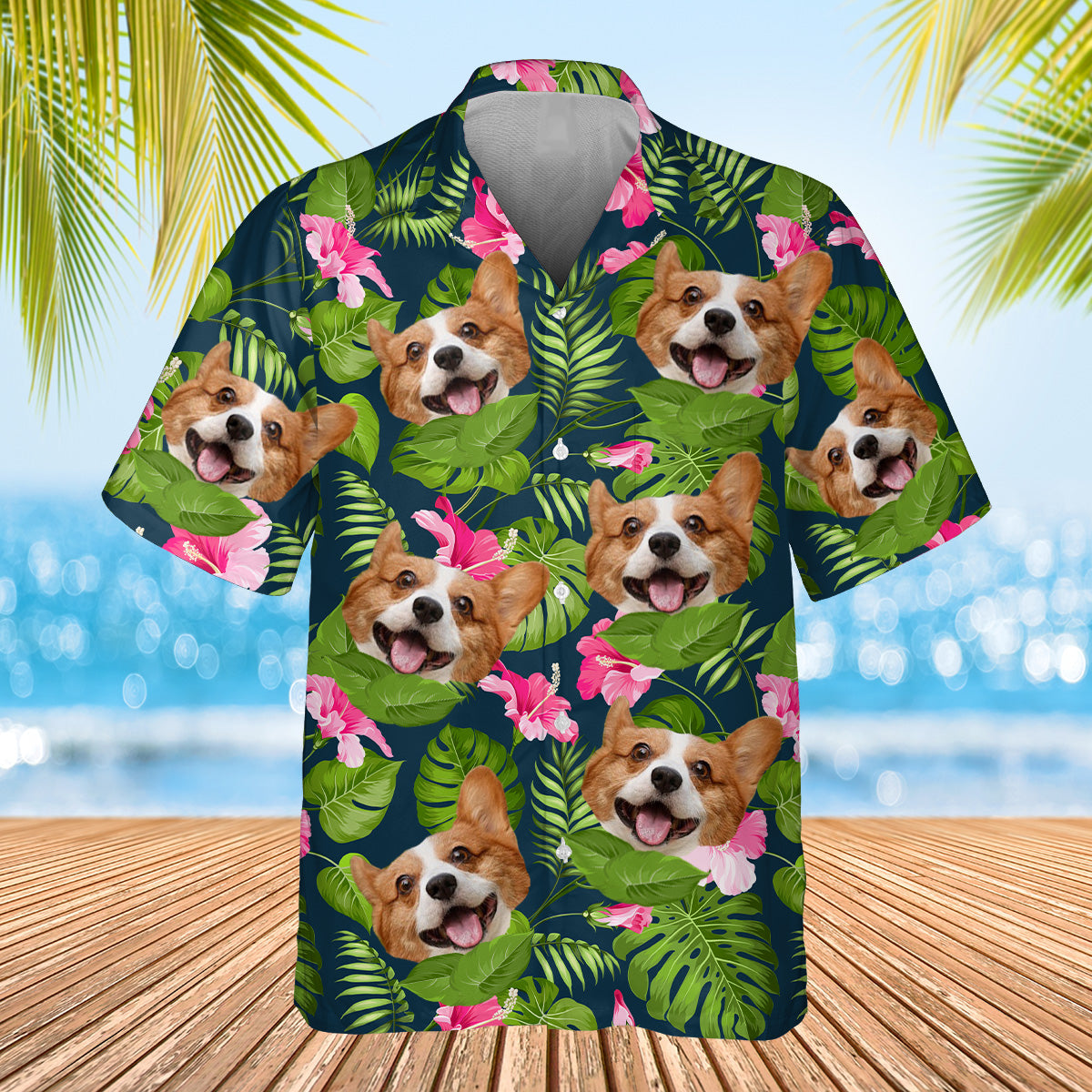 green palm leaf themed shirt with dogs