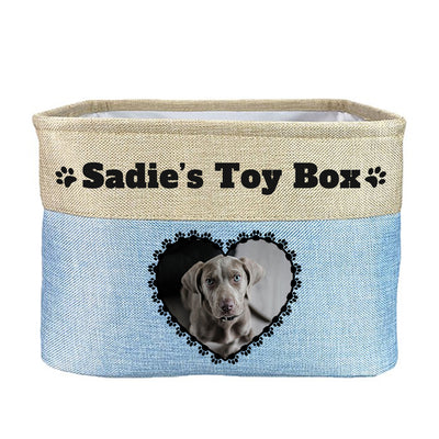 Light blue toy box with text "sadie's toy box", image of dog in heart-shaped frame on toy box