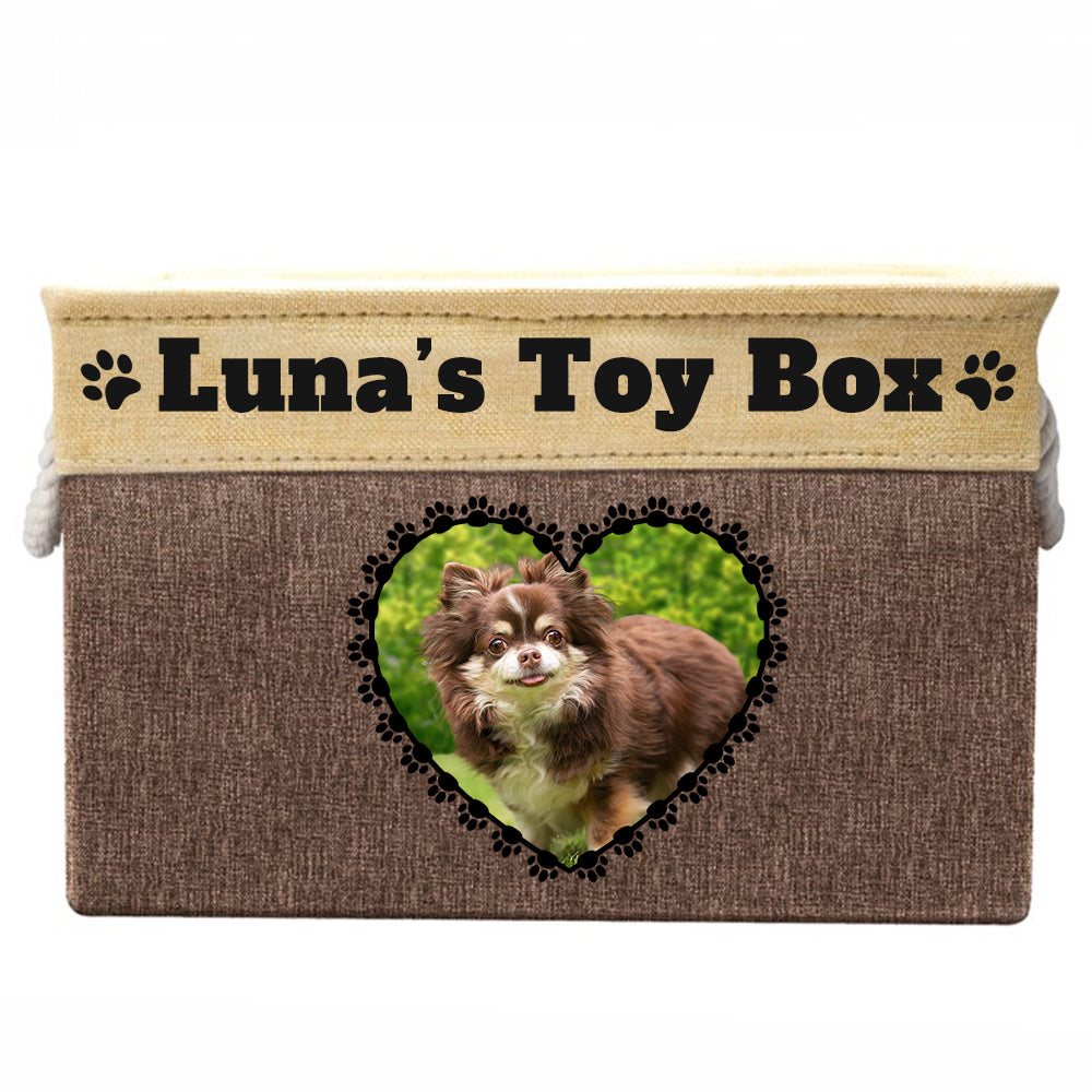 Brown toy box with text "Luna's toy box", image of dog in heart-shaped frame on toy box