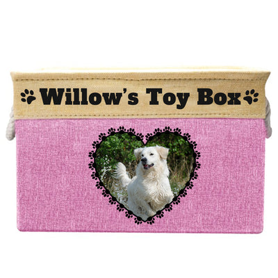 Pink toy box with text "Willow's toy box", image of dog in heart-shaped frame on toy box