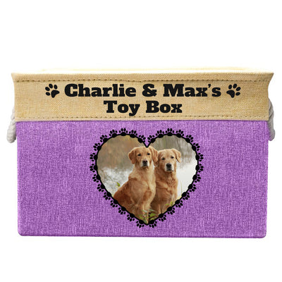 Purple toy box with text "Charlie and Max's toy box", image of two dogs in heart-shaped frame on toy box