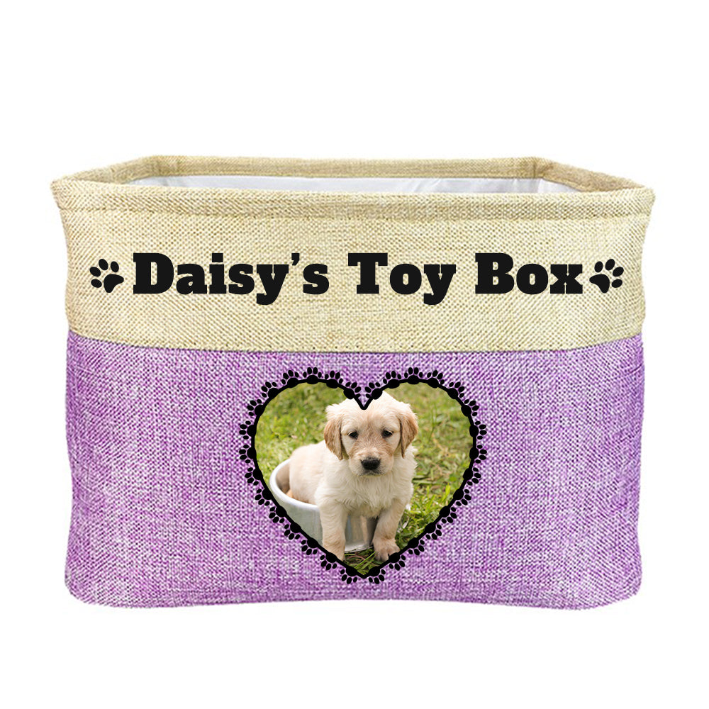 Purple toy box with text "daisy's toy box", image of dog in heart-shaped frame on toy box