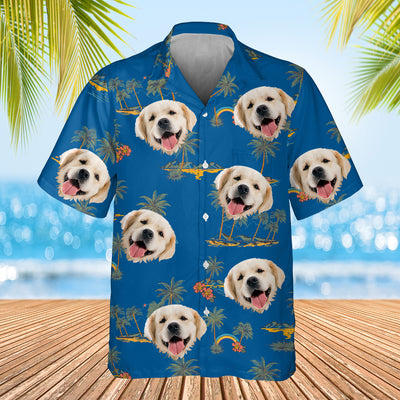 dark blue palm tree themed shirt with dogs