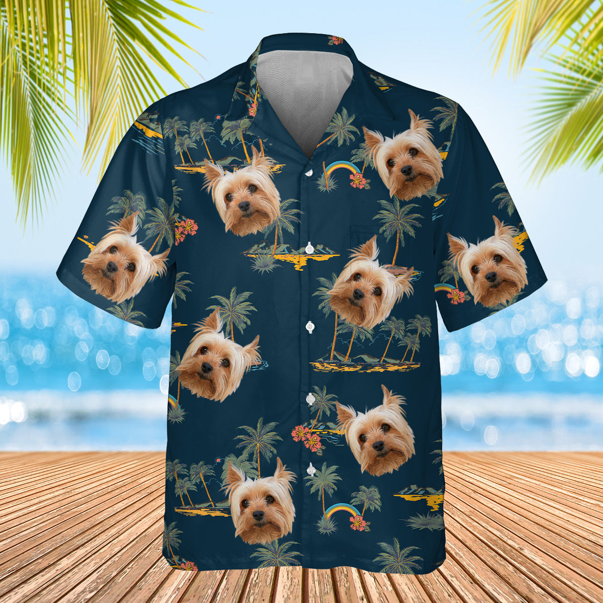 navy palm tree themed shirt with dogs
