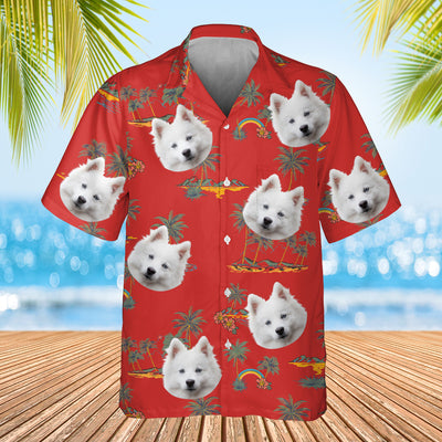 red palm tree themed shirt with dogs