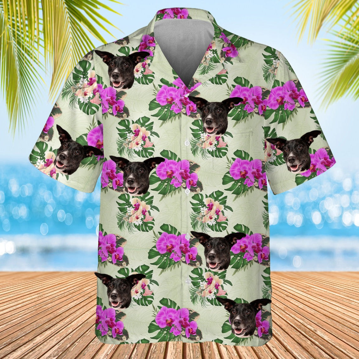 light green leaf and flower themed shirt with dogs