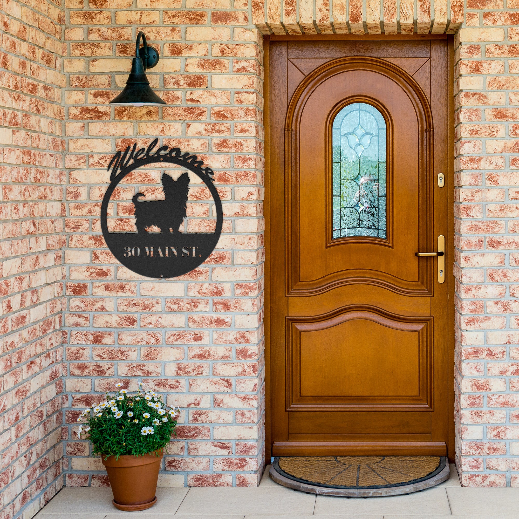 mockup of circular dog themed metal sign hung up on porch wall