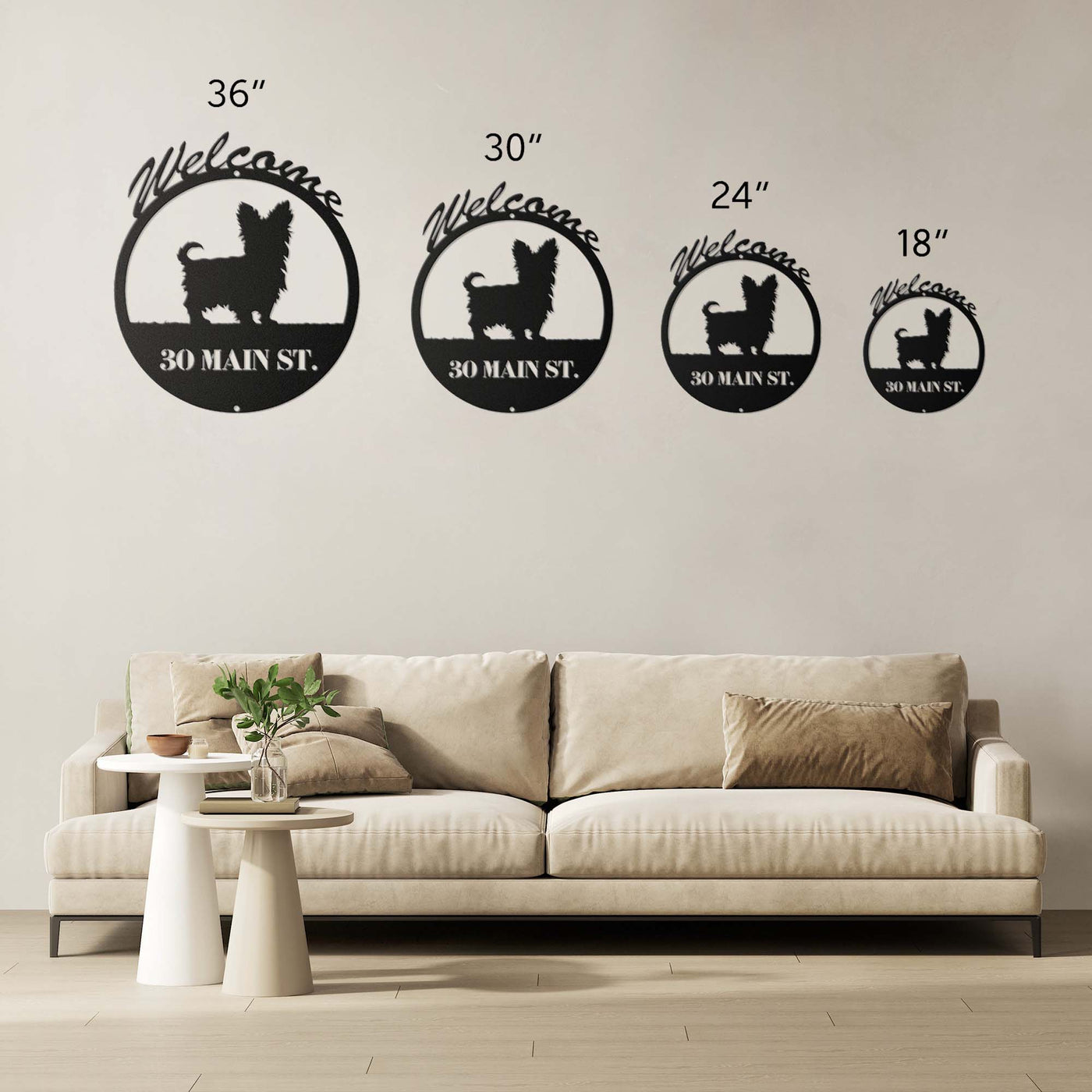 size comparison of dog themed circular metal signs with diameters of thirty six inches, thirty inches, twenty four inches, and eighteen inches